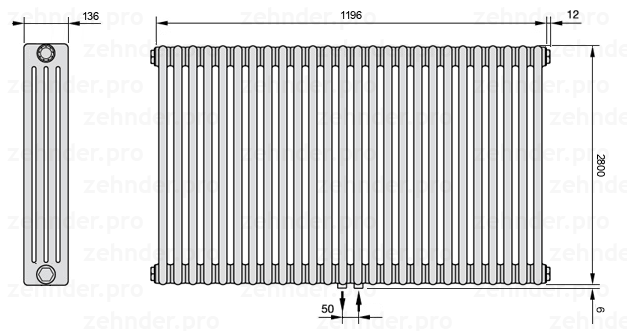 Схема (чертеж) Радиатор Zehnder Charleston 4280/26 №5410 Белый глянцевый RAL 9016